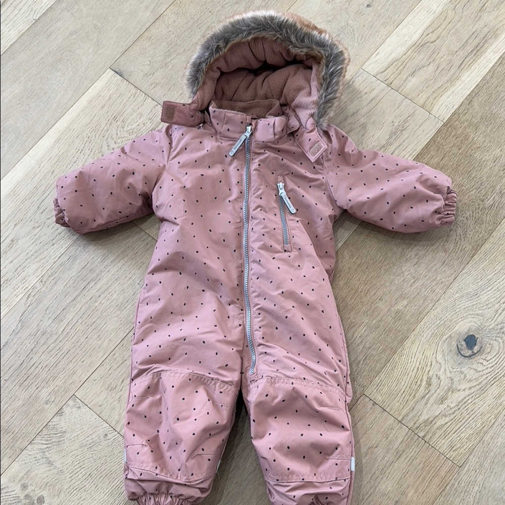 Pink Polka Dot Winter Snowsuit with Fur Trim Hood